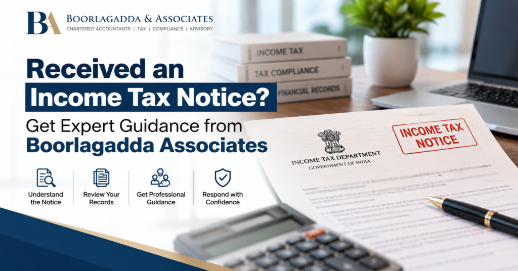 Income Tax Notice assistance in Hyderabad by Boorlagadda Associates, showing tax documents and professional Chartered Accountant guidance